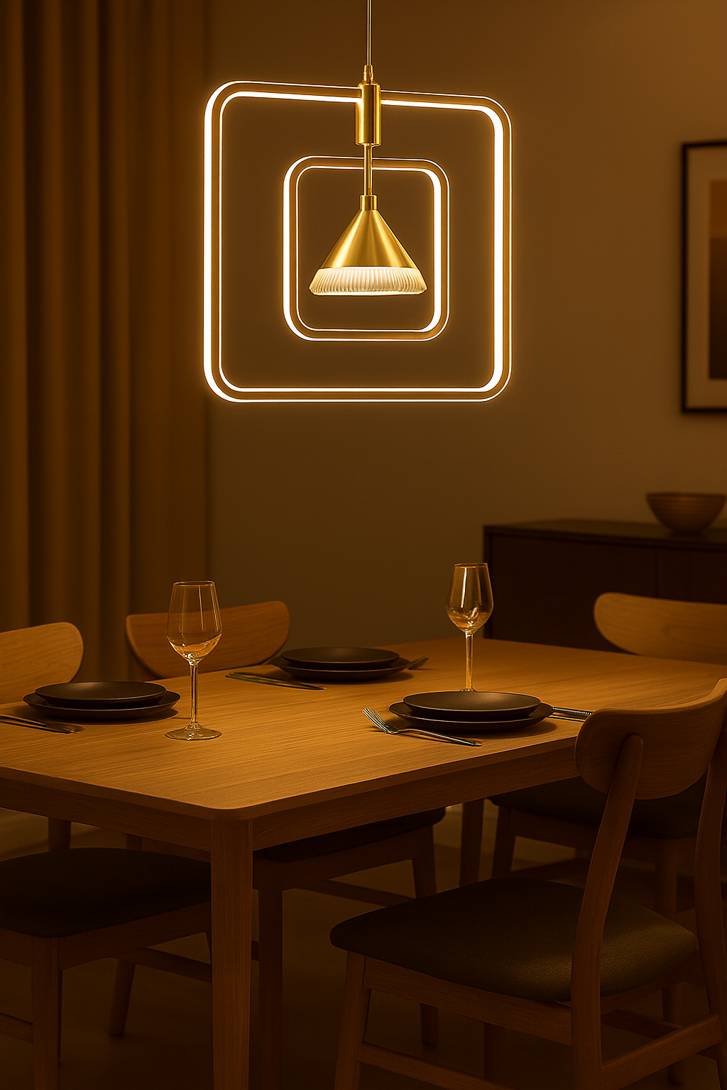 Modern Geometric LED Pendant Light – Double Square Frame with Cone Spotlight