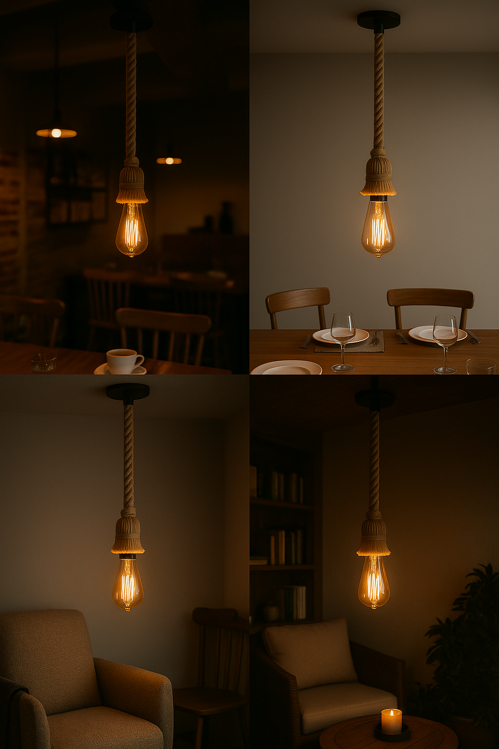 Rustic Rope Pendant Light with Edison Filament Bulb – Vintage Industrial Hanging Lamp