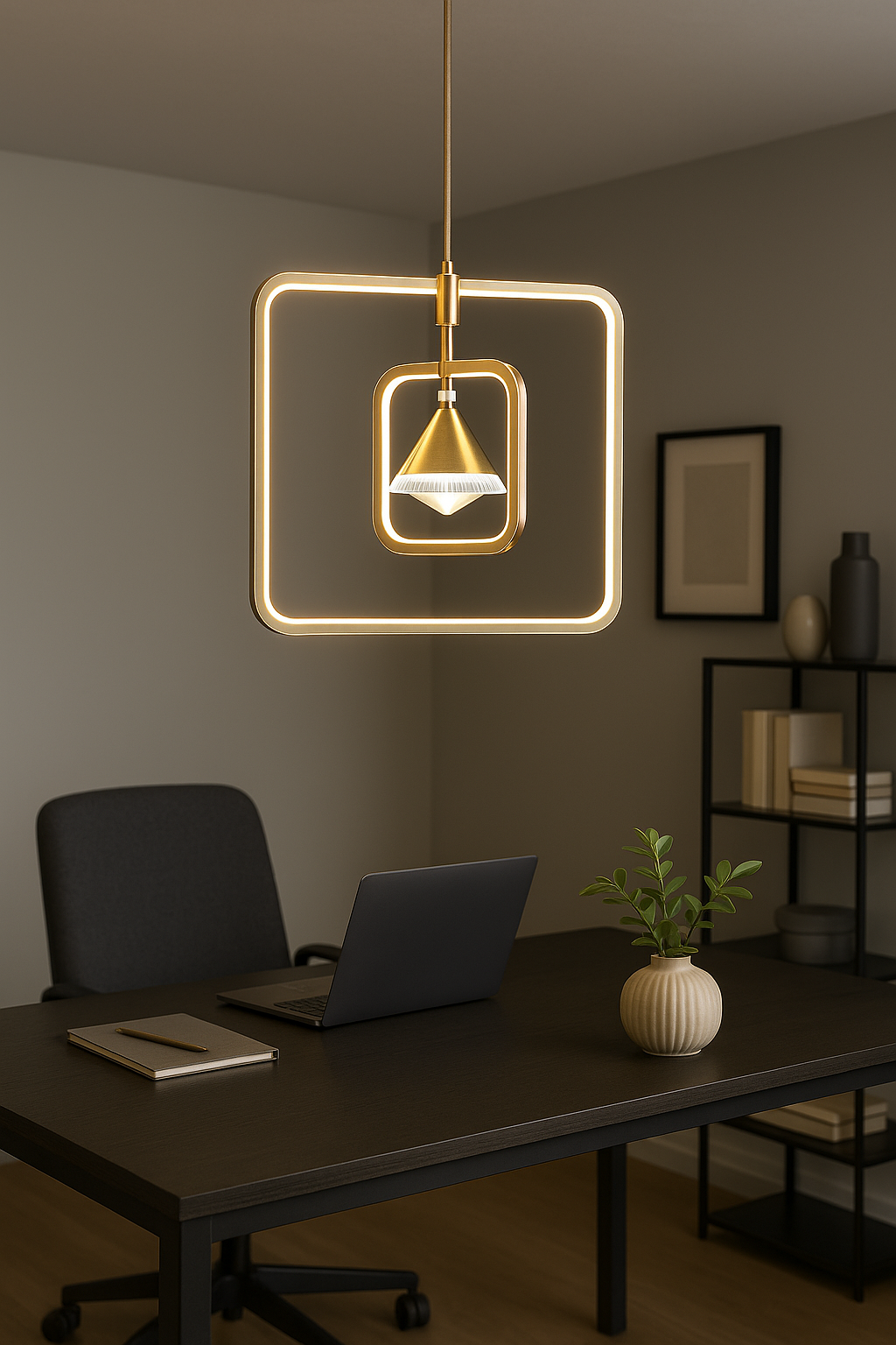 Modern Geometric LED Pendant Light – Double Square Frame with Cone Spotlight