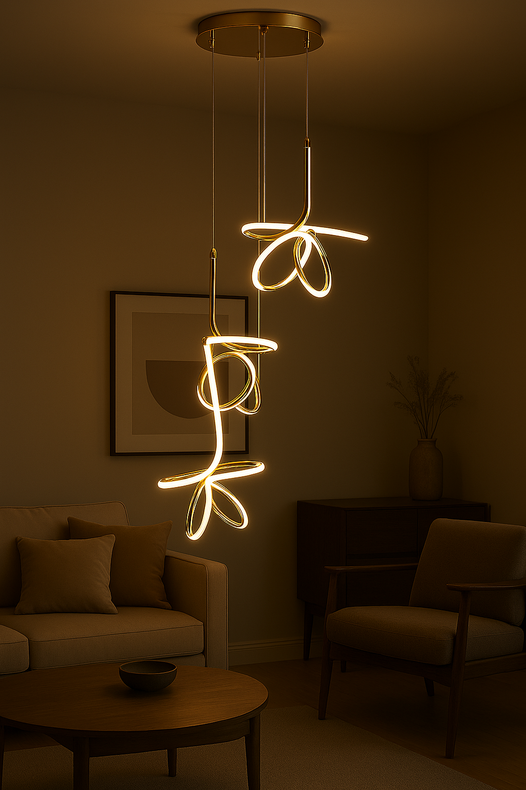 Modern Gold LED Pendant Chandelier – Artistic Curved Design for Luxury Interiors, Hotel Lobbies & Living Spaces