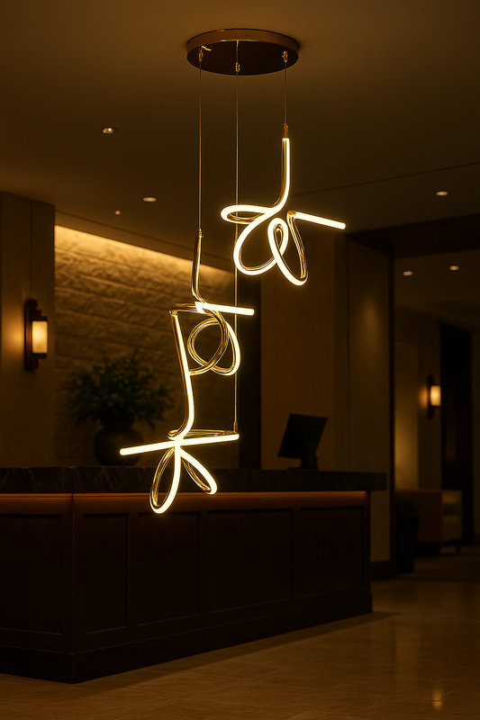 Modern Gold LED Pendant Chandelier – Artistic Curved Design for Luxury Interiors, Hotel Lobbies & Living Spaces